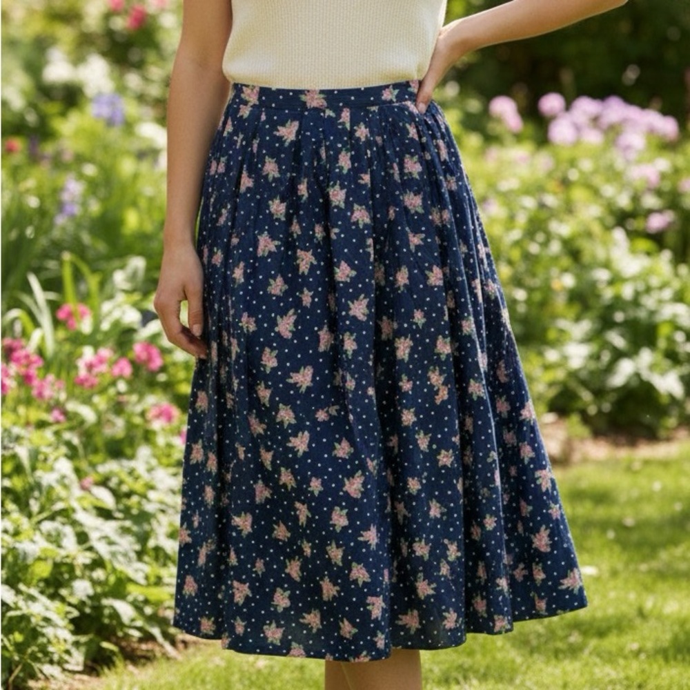 VINTAGE Pleated Floral Polka Dot Midi skirt by Susan Bristol